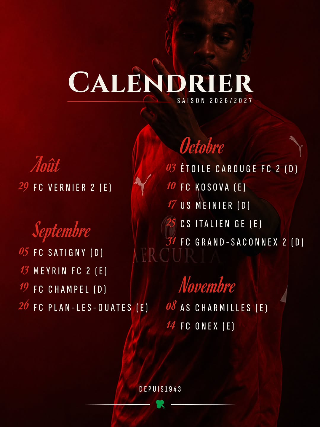 Calendrier des matchs du FC Saint-Paul 1 d’août à novembre 2026 sur fond rouge avec un joueur du club